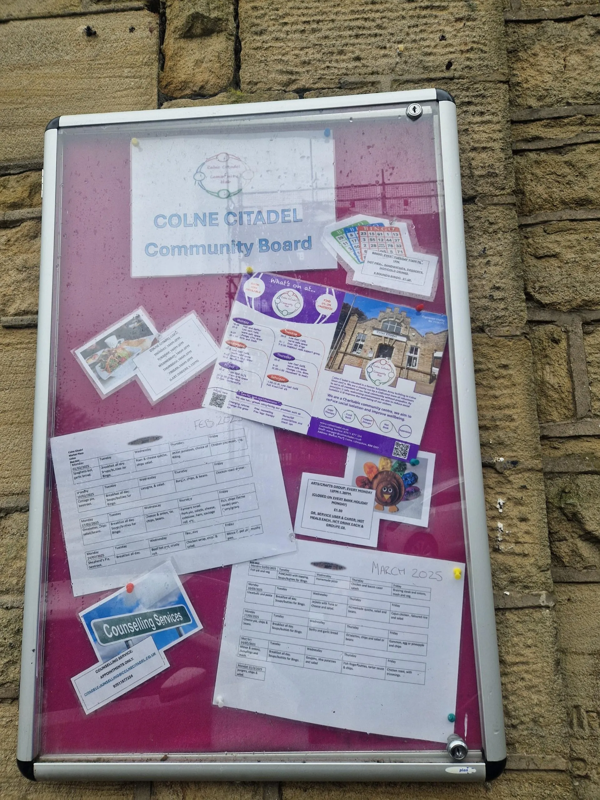 The Colne Citadel community notice board with the weekly timetable